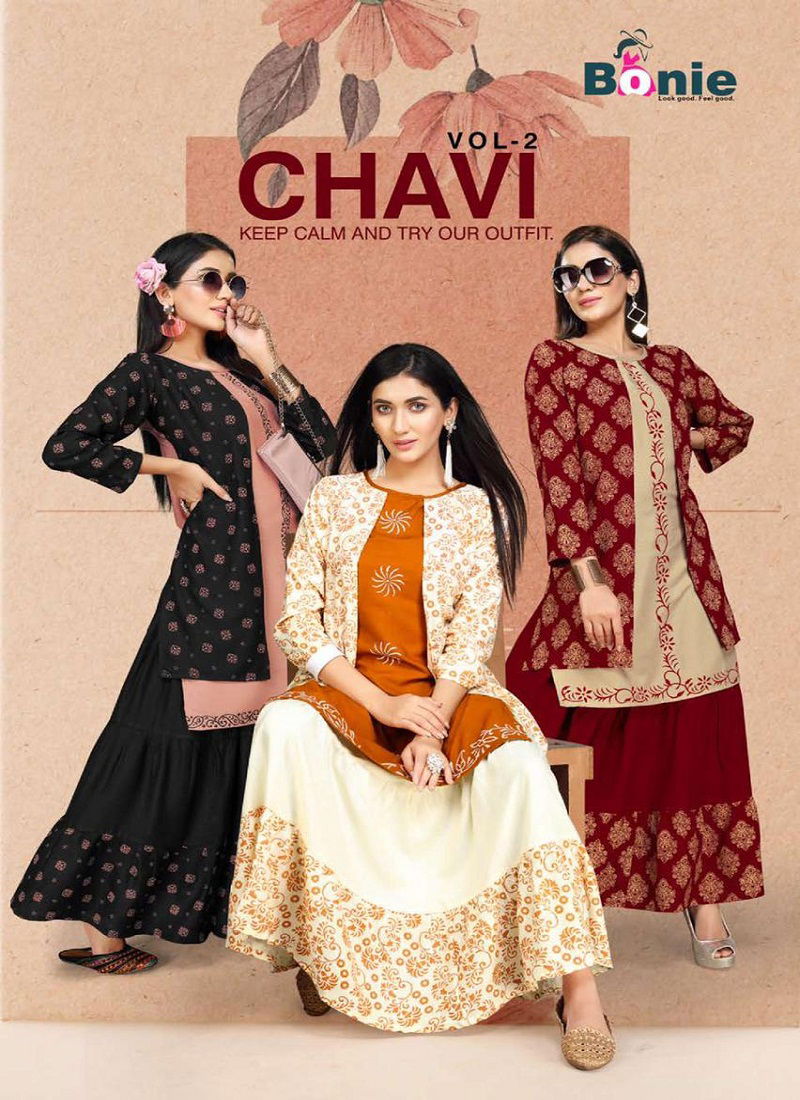 Bonie Chavi 2  Latest Fancy Regular Wear Rayon Printed Kurtis With Skirt Collection 